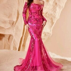 HOT PINK PARTY CONTRAST SEQUINED,  OFF THE SHOULDER,  LONG SLEEVE MAXI M…